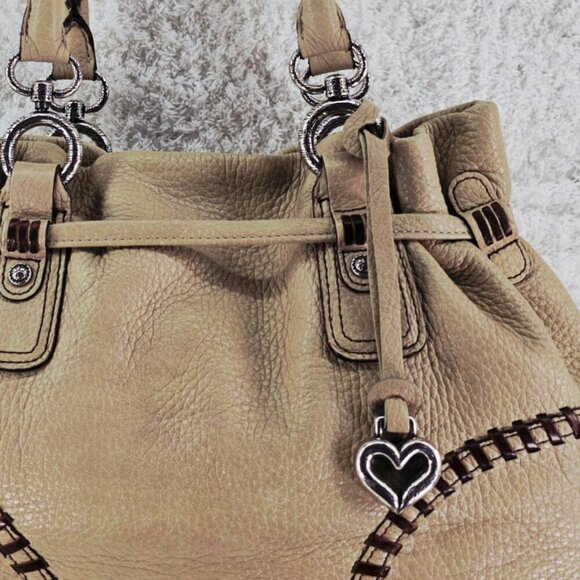 BRIGHTON Beige Pebble Leather Hobo Shoulder Bag Whipstitching Tassel Drawstring - Picture 16 of 16